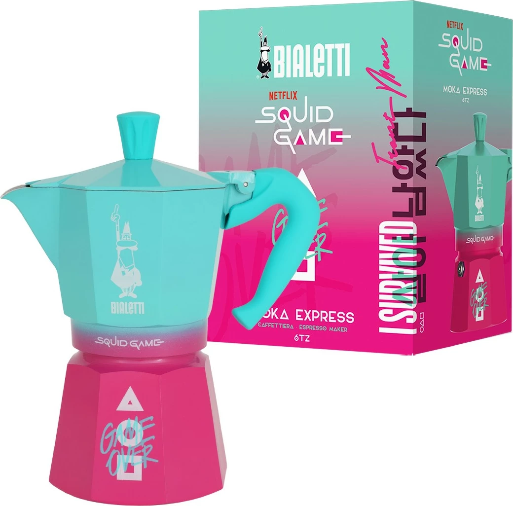 Aparat za kavo Moka Express Squid Game, Bialetti, 6 skodelic, moder/roza