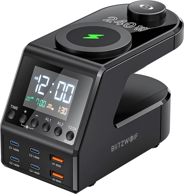 Budilka s polnilno postajo 10‑v‑1, BlitzWolf BW-FW10, 4x USB-C + 2x USB-A, 2 brezžični polnili (telefon 15W + pametna ura 5W), PD 3.1 do 240W, črna