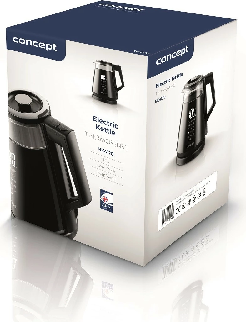 Električni ibrik 1,7 l, steklen, z digitalnim zaslonom, črn, Concept RK4170