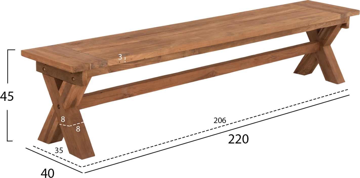 Zunanja klop FH9564 iz recikliranega tikovega lesa v naravni barvi 220x40x45Hcm