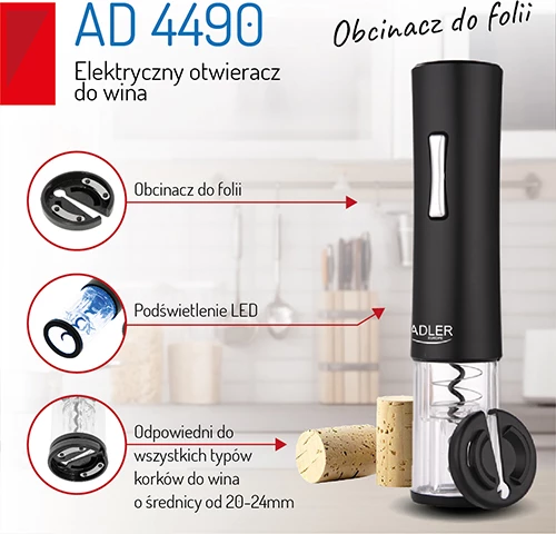 Električni odpirač vina Adler AD 4490, LED luč, rezalnik folije v kompletu, za zamaške 20–24 mm, 4xAA (brez baterij), črn