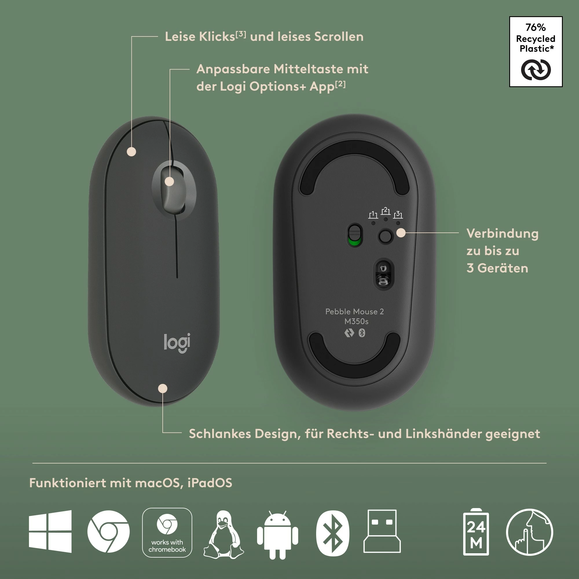 Set miške in tipkovnice, Logitech Pebble 2 Combo 920-012203, brezžično, Bluetooth, QWERTZ, grafit