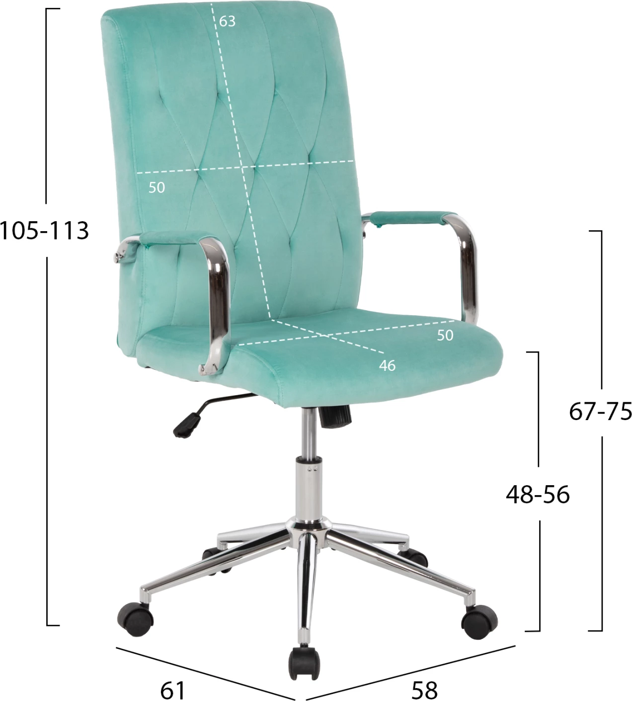 Pisarniški stol JOSEF FH1181.08 iz žametne tkanine v mint barvi z inox podnožjem 58x61x105-113H cm