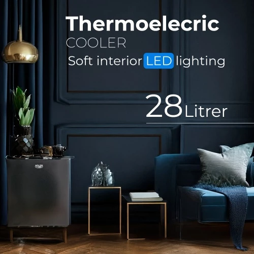 Mini hladilnik Adler AD 8089, 28 L, steklena polica, LED luč, 100-240V, črn