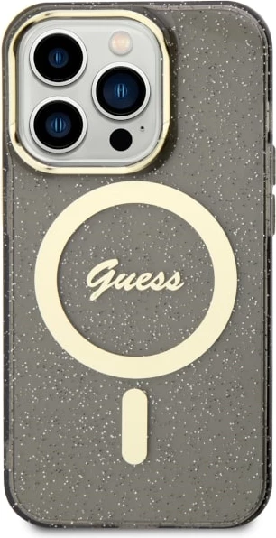 Zaščitni ovitek z bleščicami Guess GUHMP14LHCMCGK za iPhone 14 Pro 6,1", Glitter Gold MagSafe, črn