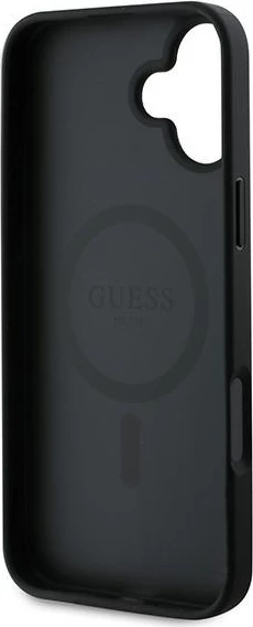 Zaščitni ovitek z zlatim logotipom Guess Grained Gold Ring MagSafe za iPhone 16 Plus, črn