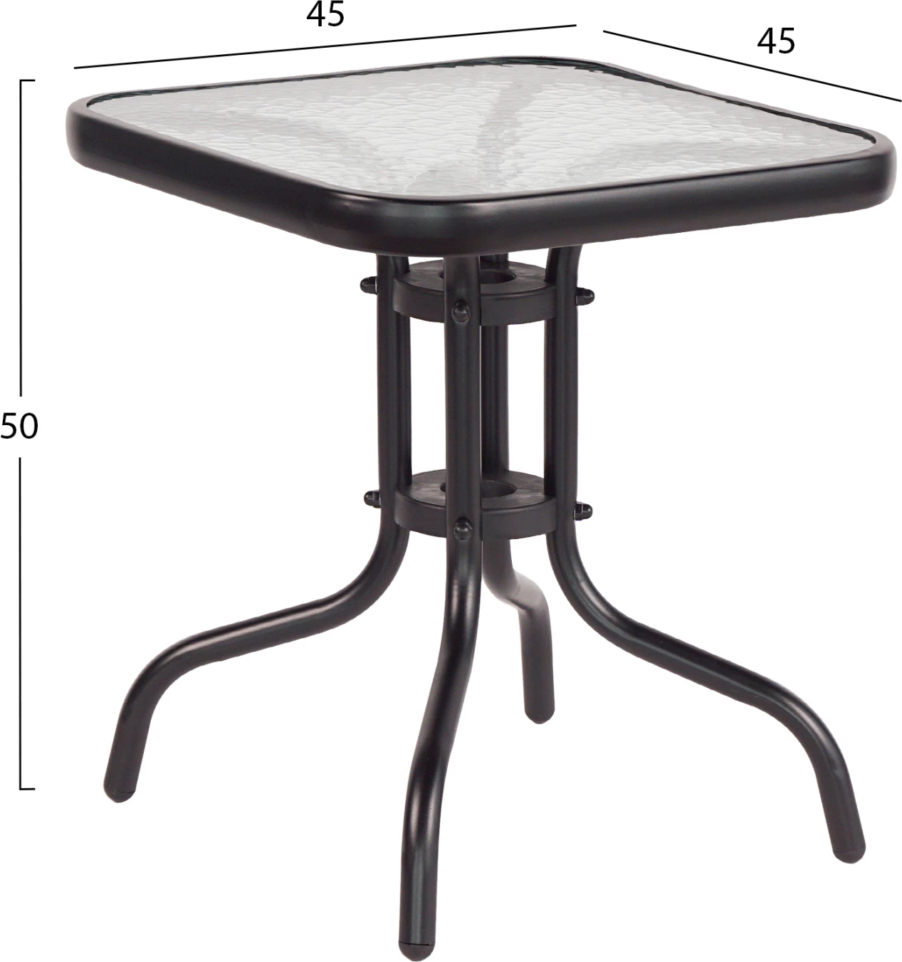 Klubska miza FIGO FH6067.03 kovinska v črni barvi s kaljenim steklenim vrhom 45x45x50H cm