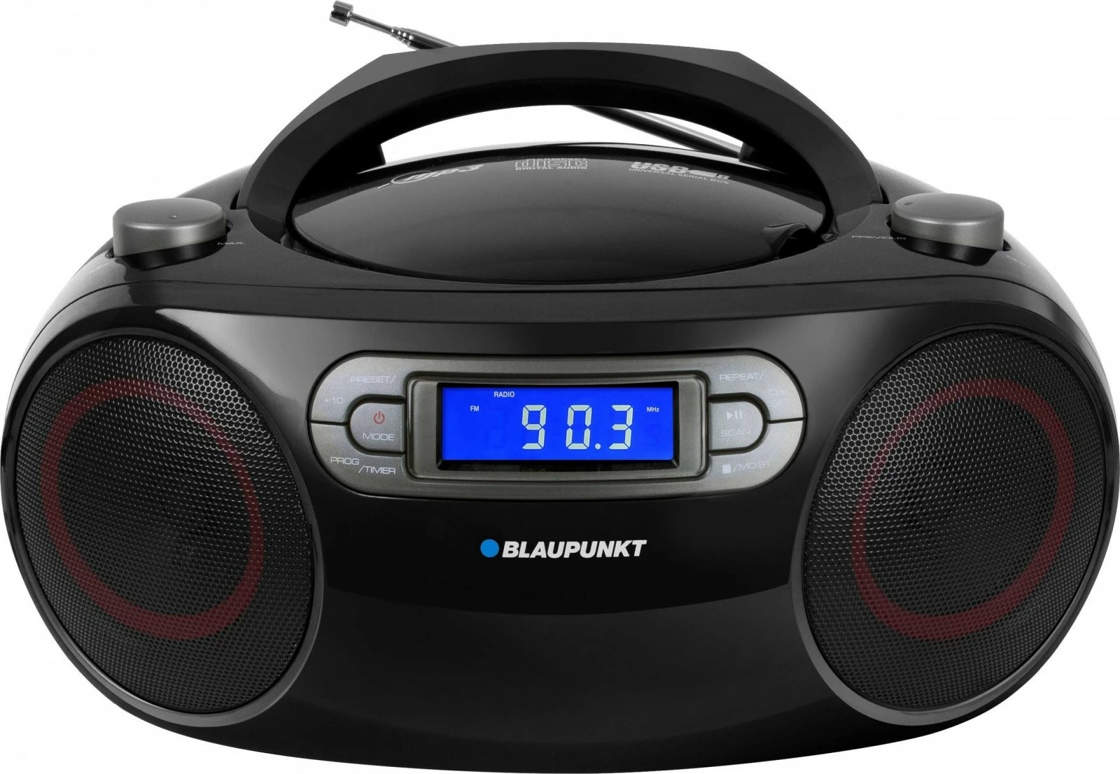 Prenosni zvočnik Blaupunkt BB18BK, FM PLL, CD/MP3/USB/AUX, alarm, črn