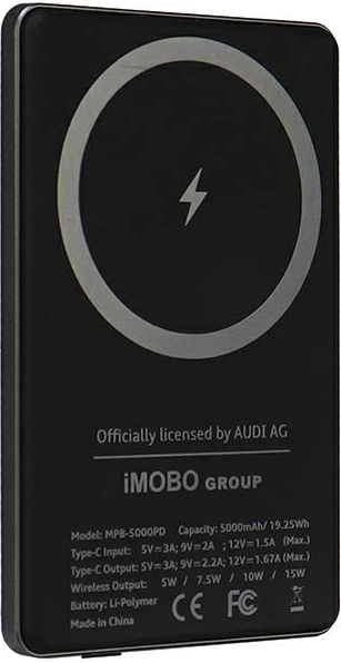 Powerbank z velikim logotipom Audi MagSafe, 5000 mAh, kovinski, siv