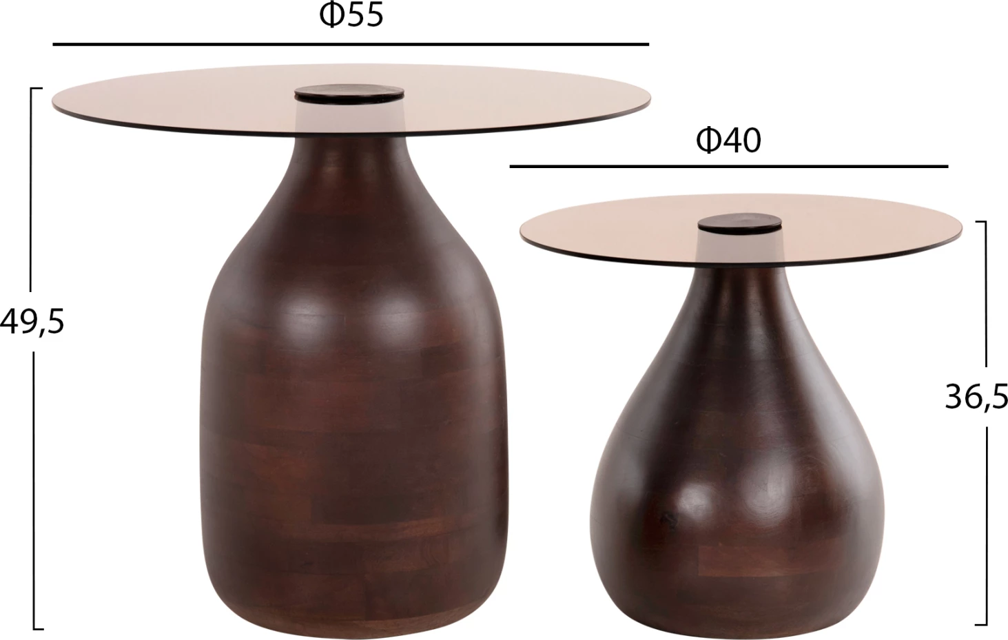 Stranski mizi 2 kosa CHANG FH9668 mango les v rjavi barvi-steklena plošča Φ55x49,5H & Φ40x36,5H cm