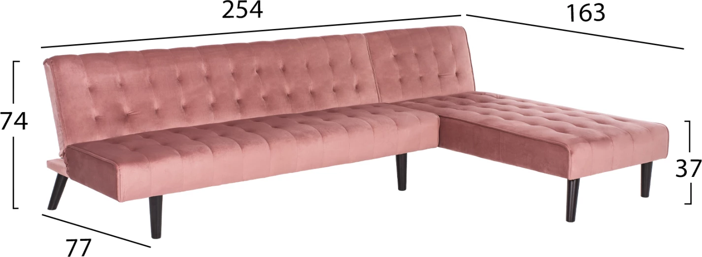 Kotna zofa-postelja ZELDA reverzibilna FH3154.12 žamet v barvi prašno roza 254x163x74H cm
