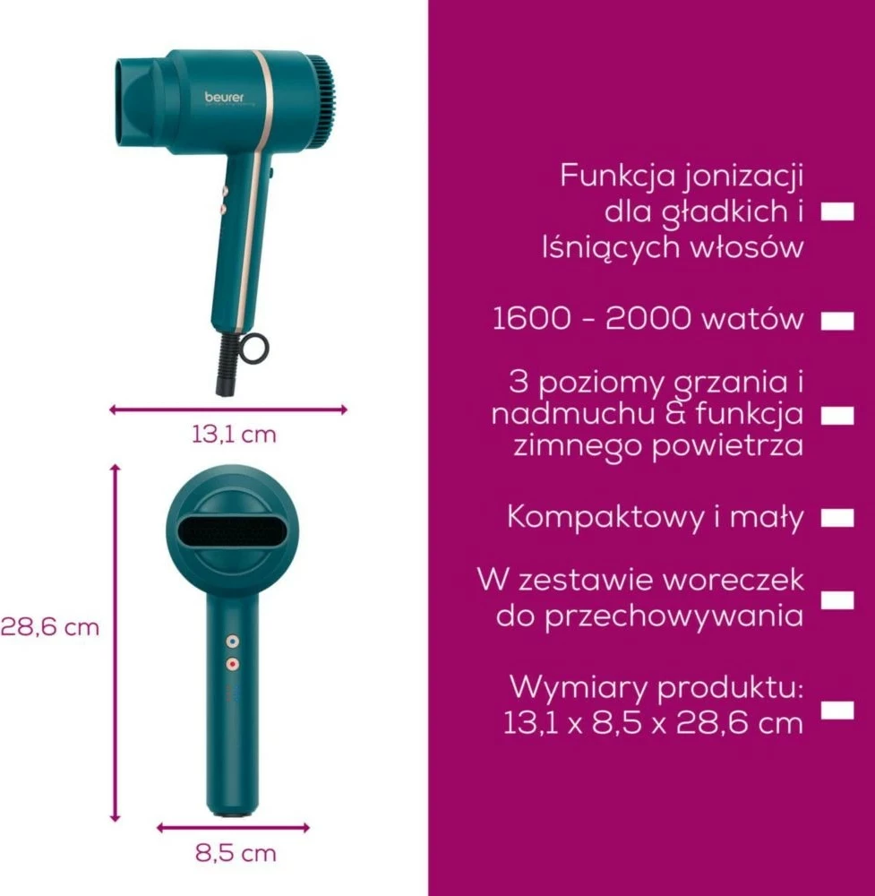 Sušilnik za lase, 2000 W, 3 stopnje, ionizacija, modro-tirkizen Beurer HC35 Ocean