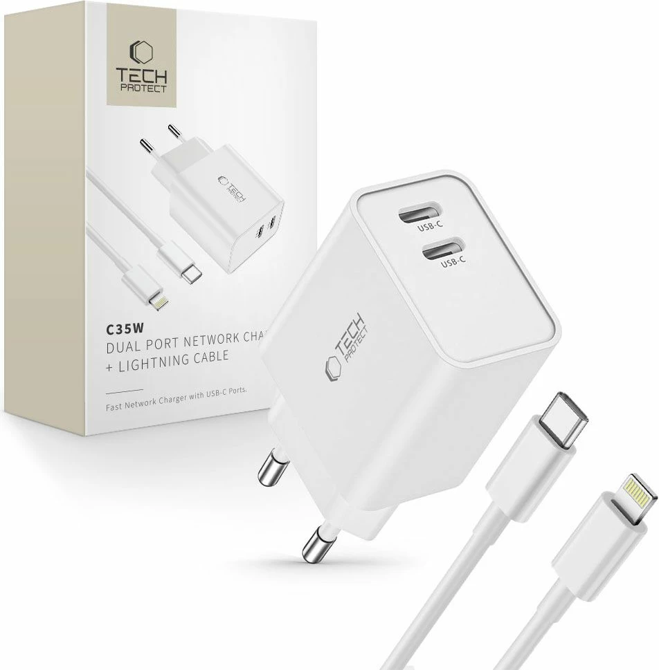 Stenski polnilec z 2 USB-C PD 35W in USB-C na Lightning kablom Tech-Protect C35W, bel