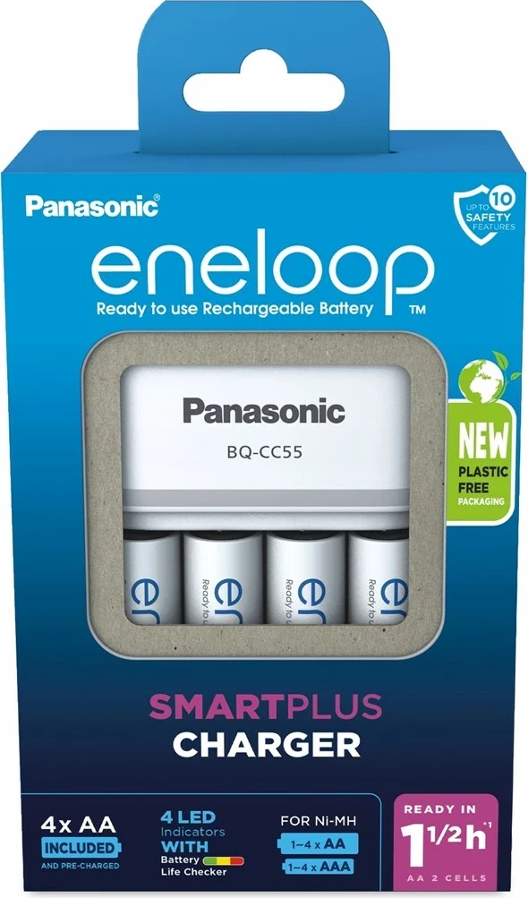 Polnilnik baterij z 4× AA 2000 mAh, Panasonic Eneloop Smartplus BQ-CC55, bel