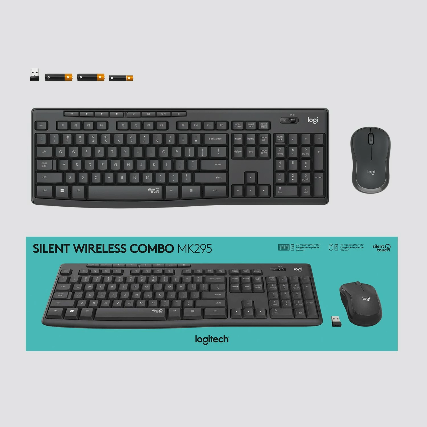 Tih komplet tipkovnice in miške Logitech MK295 Silent Wireless, polna velikost (100%), žična, USB, QWERTY, grafit, miška vključena