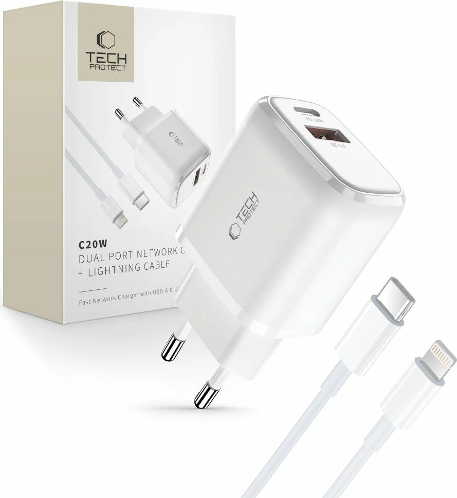 Stenski polnilec z USB-C PD 20W in USB-A QC 3.0 ter USB-C na Lightning kablom, Tech-Protect C20W, bel