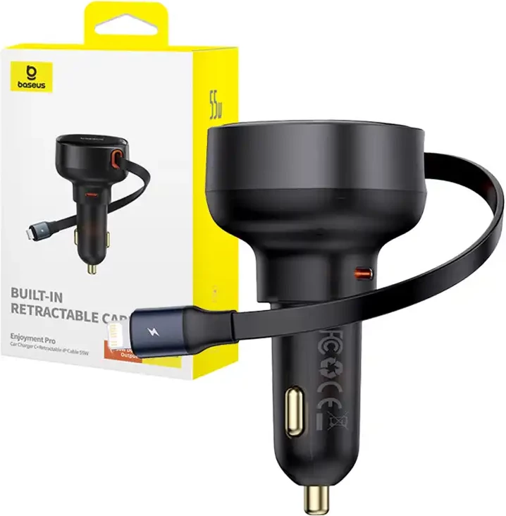 Avtomobilski polnilec Baseus Enjoyment Pro z vgrajenima kabloma Lightning in USB-C, 55W, črn