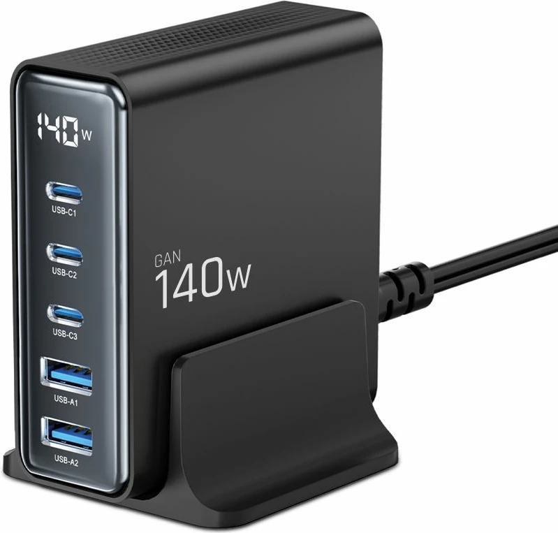 Polnilna postaja Tech-Protect DC140W-GAN, 5 vrat, GaN, črna