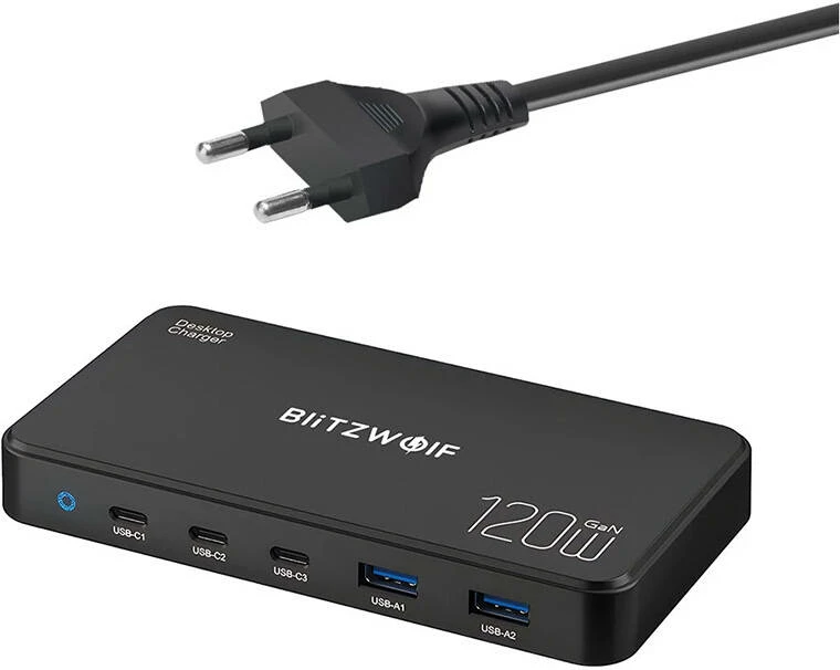 Polnilna postaja 5-v-1 BlitzWolf BW-i100, 120 W, 3x USB-C + 2x USB-A, GaN