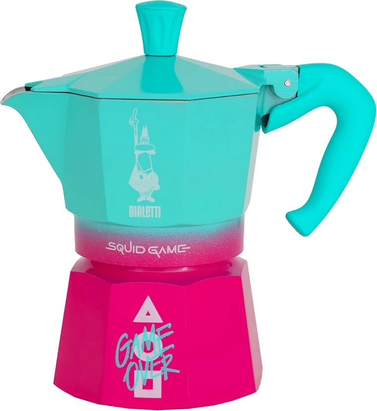 Posebna mokapot z dizajnom Squid Game, Bialetti Moka Express, za 3 skodelice, modro/rožnata
