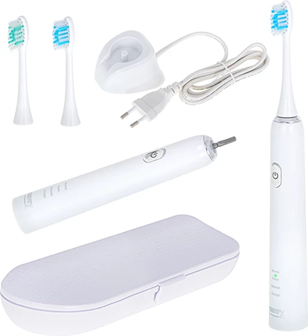Sonična zobna ščetka Adler CR 2173, 48.000 gibov/min, 3 načini, IPX7, 180 min baterija, bela, komplet z 2 glavama + potovalna škatla