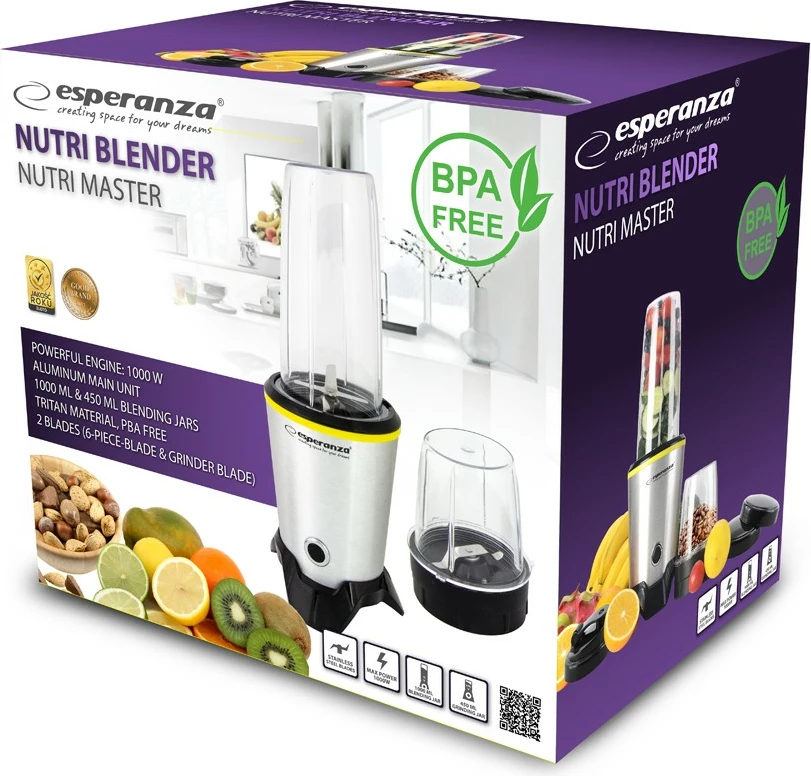 Osebni mešalnik, 1000 W, aluminij, komplet Tritan kozarcev Esperanza Nutri Master EKM028
