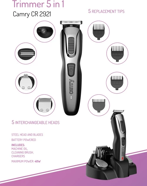Večfunkcijski trimer 5 v 1 Camry CR 2921, brezžični, 48 W, komplet z osnovo-polnilcem