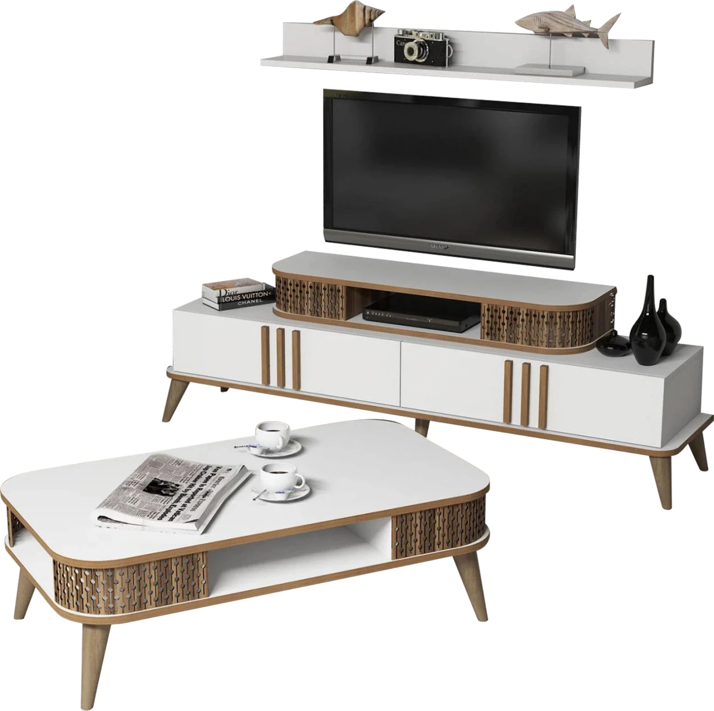 Sestava dnevne sobe FH11848.03 2 kosa v beli in orehovi barvi