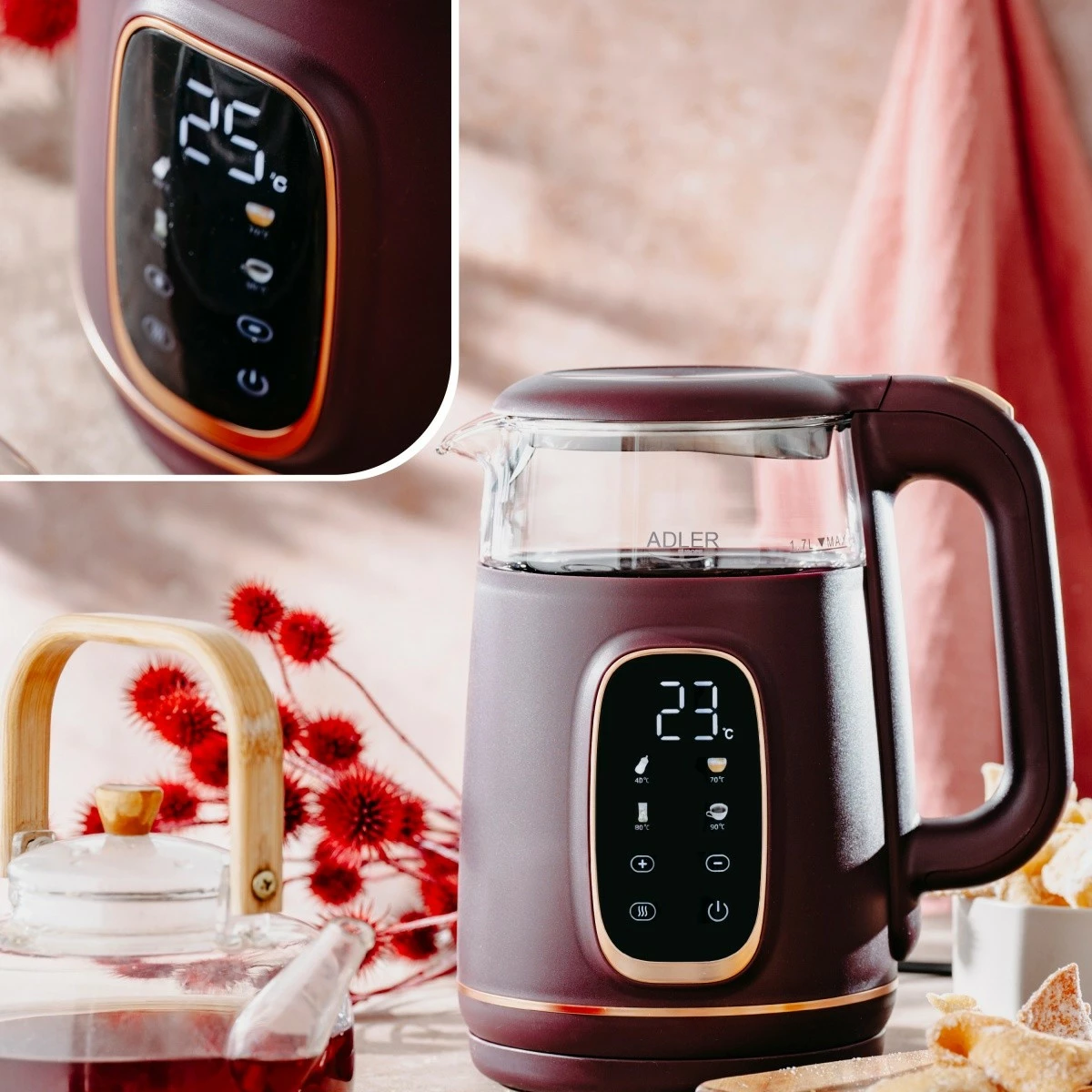 Električni grelnik vode Adler AD 1305, 1,7 L, regulacija temperature, LED, burgundy