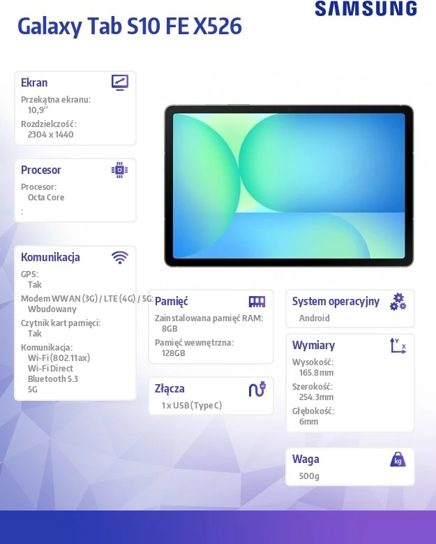 Tablica Samsung Galaxy Tab S10 FE X526, 10,9-palčni, 5G, 8/128 GB, siva