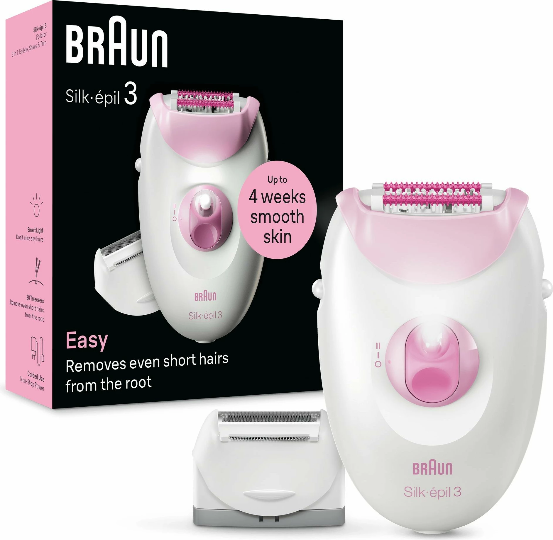 Epilator Silk-épil 3 3-031, 20 pincet, lučka, trimer, roza/bel Braun