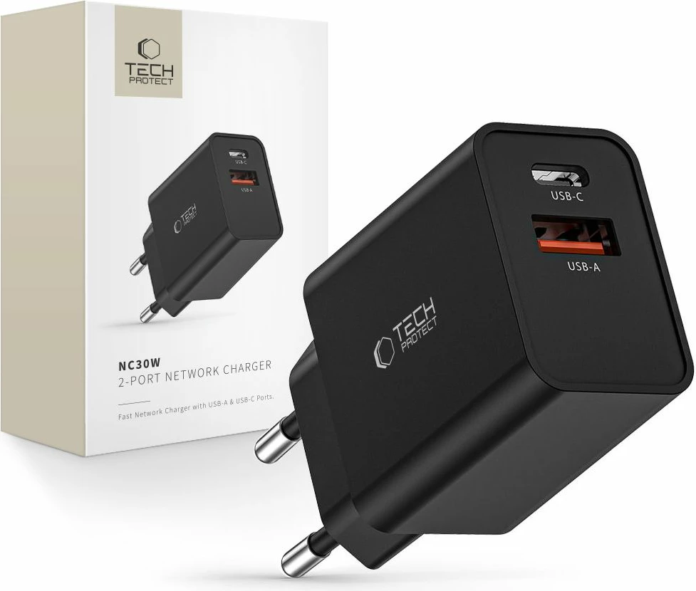 Stenski polnilec 30 W, 2 vrata USB-C/USB-A, črn Tech-Protect NC30W