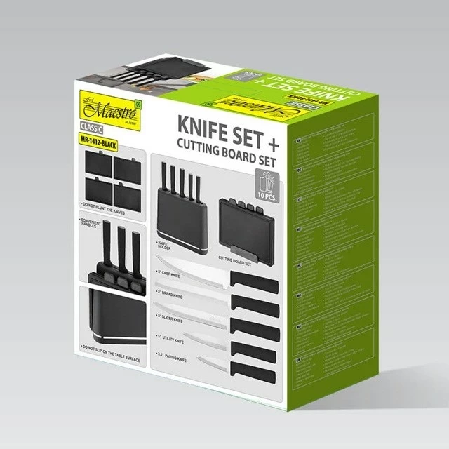 Set kuhinjskih nožev Maestro MR-1412-BLACK s blokom in kuhinjsko desko, črn