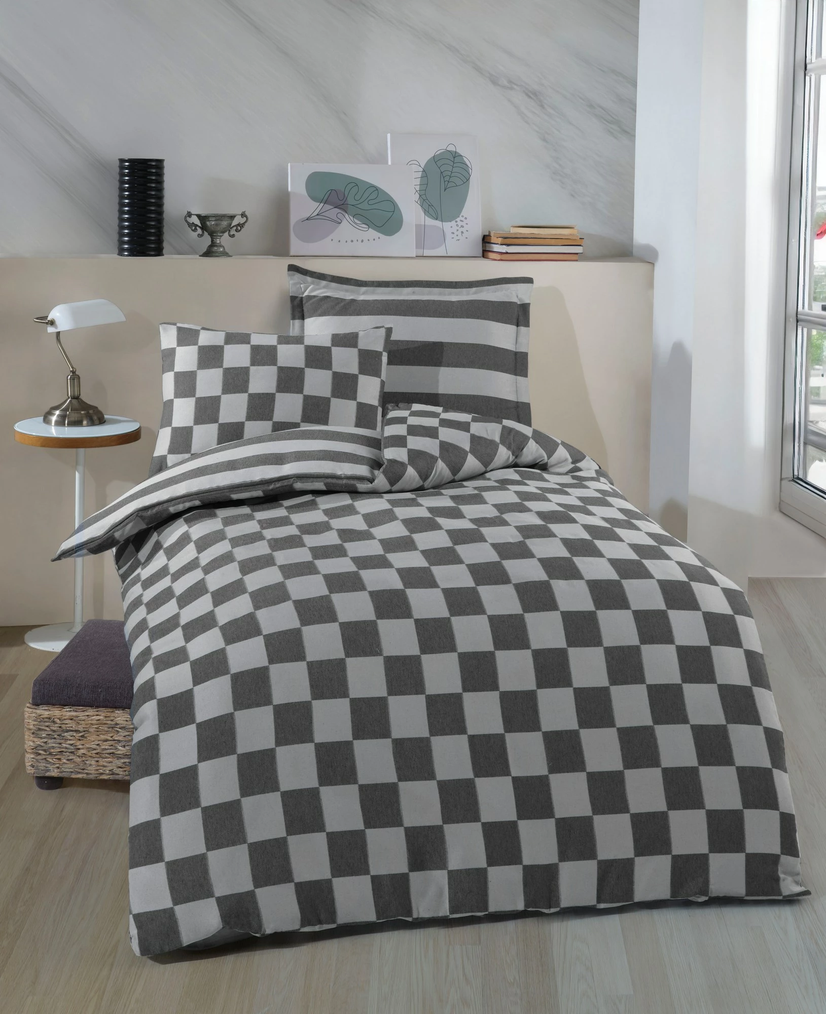 Enojna XXL prevleka za odejo, enodelna, saten karo, L'essentiel, črna