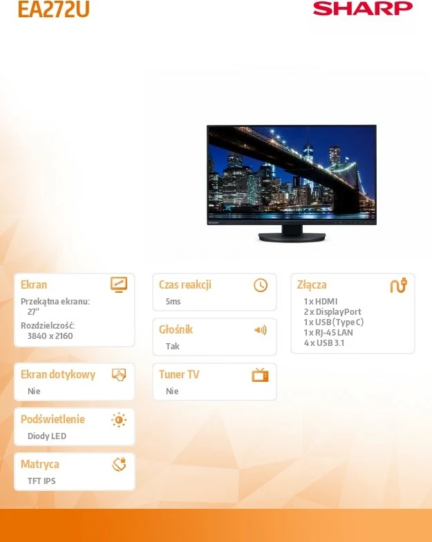 Monitor 27", 4K UHD, USB-C, LAN, črn, Sharp MultiSync EA272U