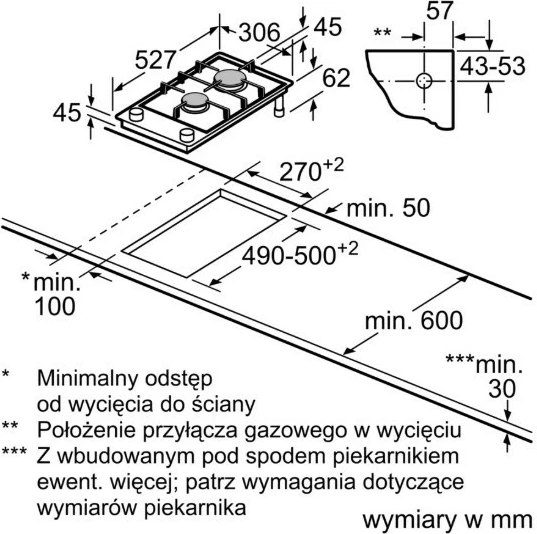 Plinska kuhalna plošča Bosch PRB3A6I40, 2 kuhališča, črna