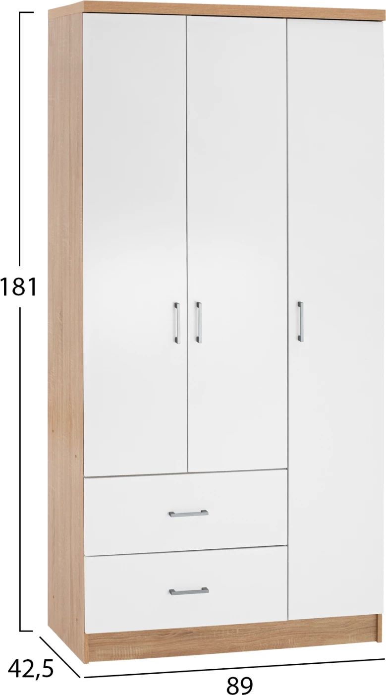 Garderobna omara s 3 vrati in 2 predaloma FH340.06 sonama-bela 89x42,5x181 cm