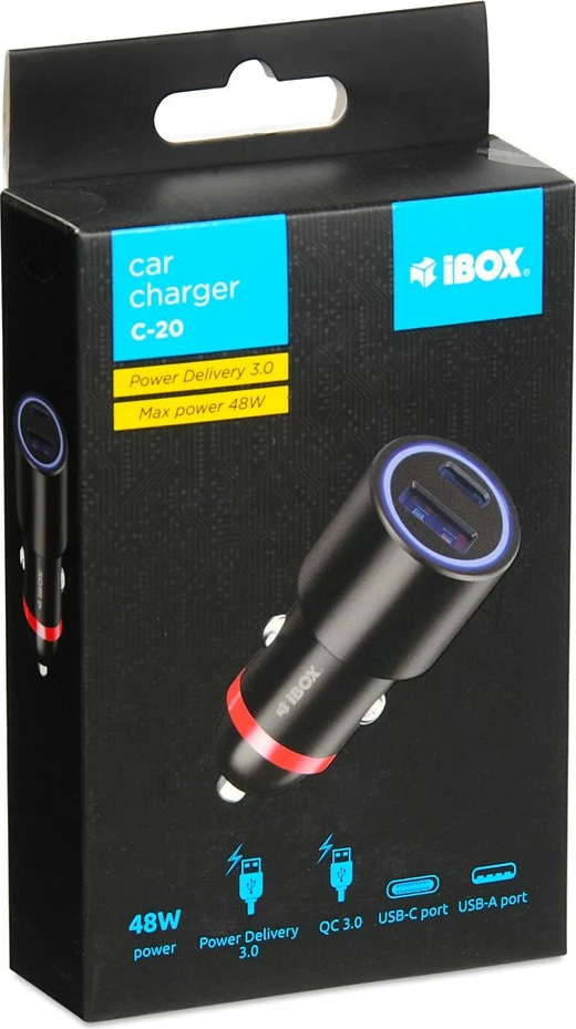 Avtomobilski polnilec 48W USB A+C IBOX C-20, črn