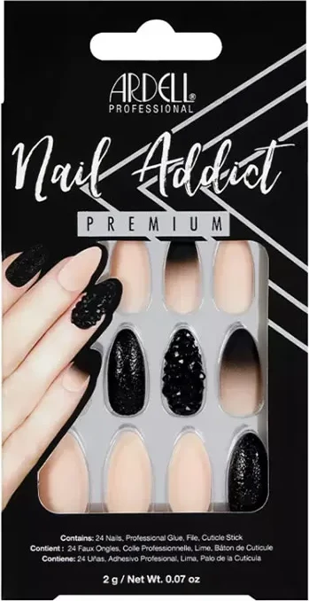 Umetni nohti, črni z okrasnim kamnom in rožnato ombre, unisex, 24 kosov, Ardell Nail Addict