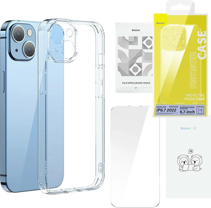 Prozoren ovitek iz ojačanega stekla SuperCeramic za iPhone 14 Plus, Baseus, komplet