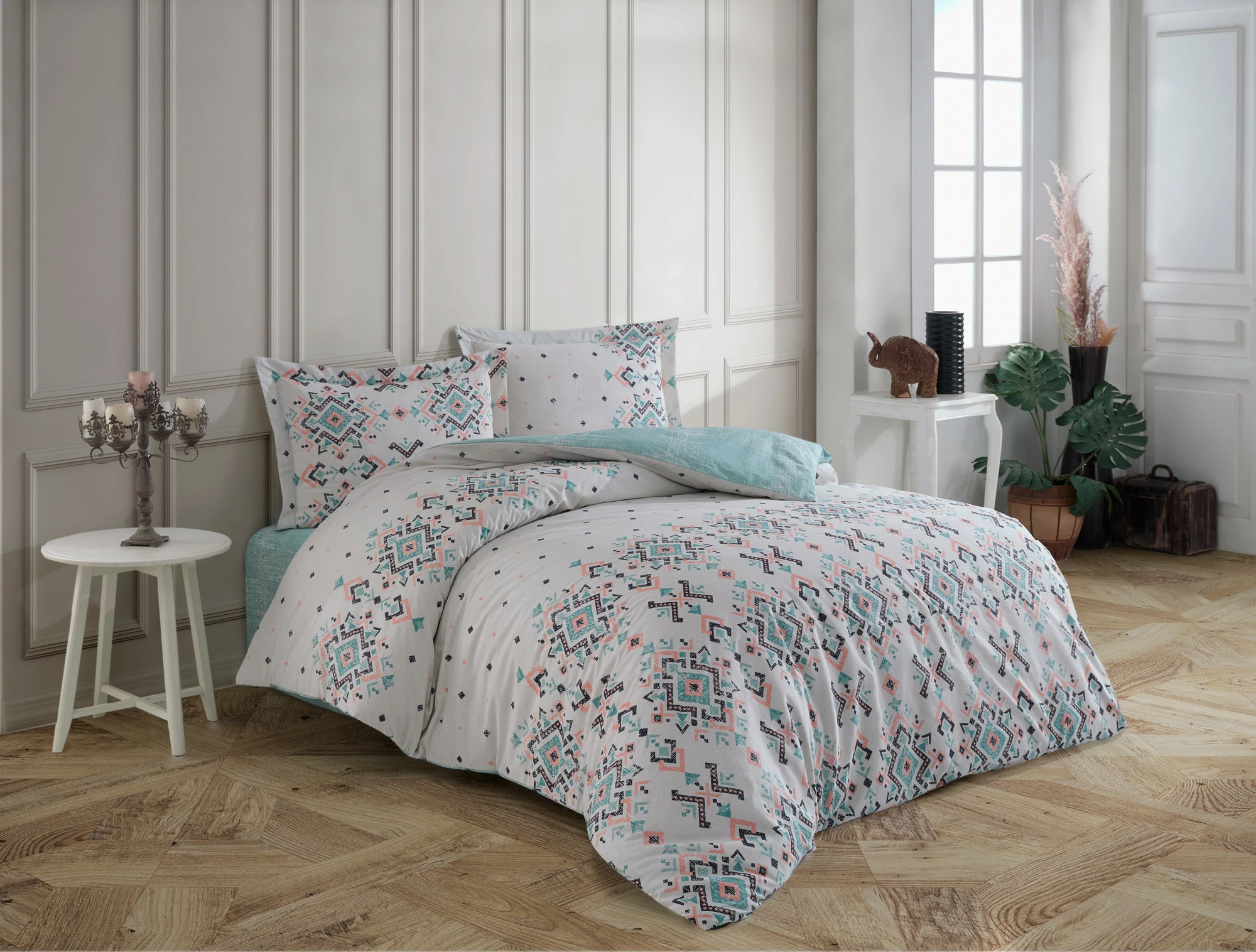 Komplet prevlek za dvojno posteljo, bela, turkizna, rožnata, črna, L'essentiel, North