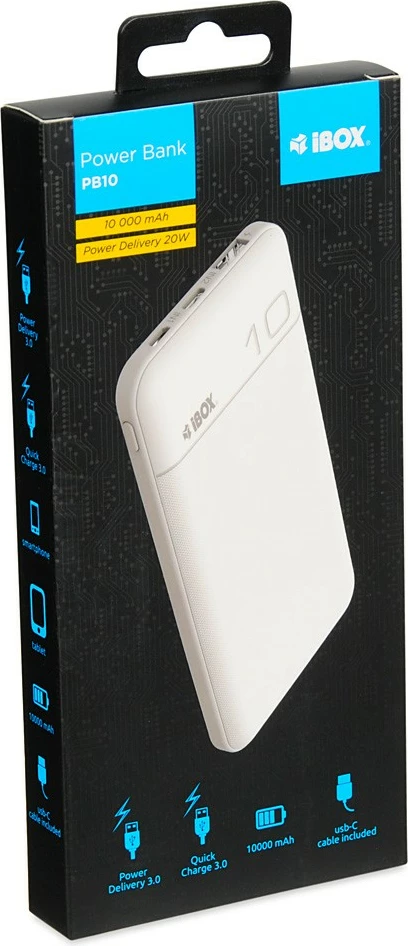 Zunanji akumulator iBOX PB10, 10000 mAh, bel