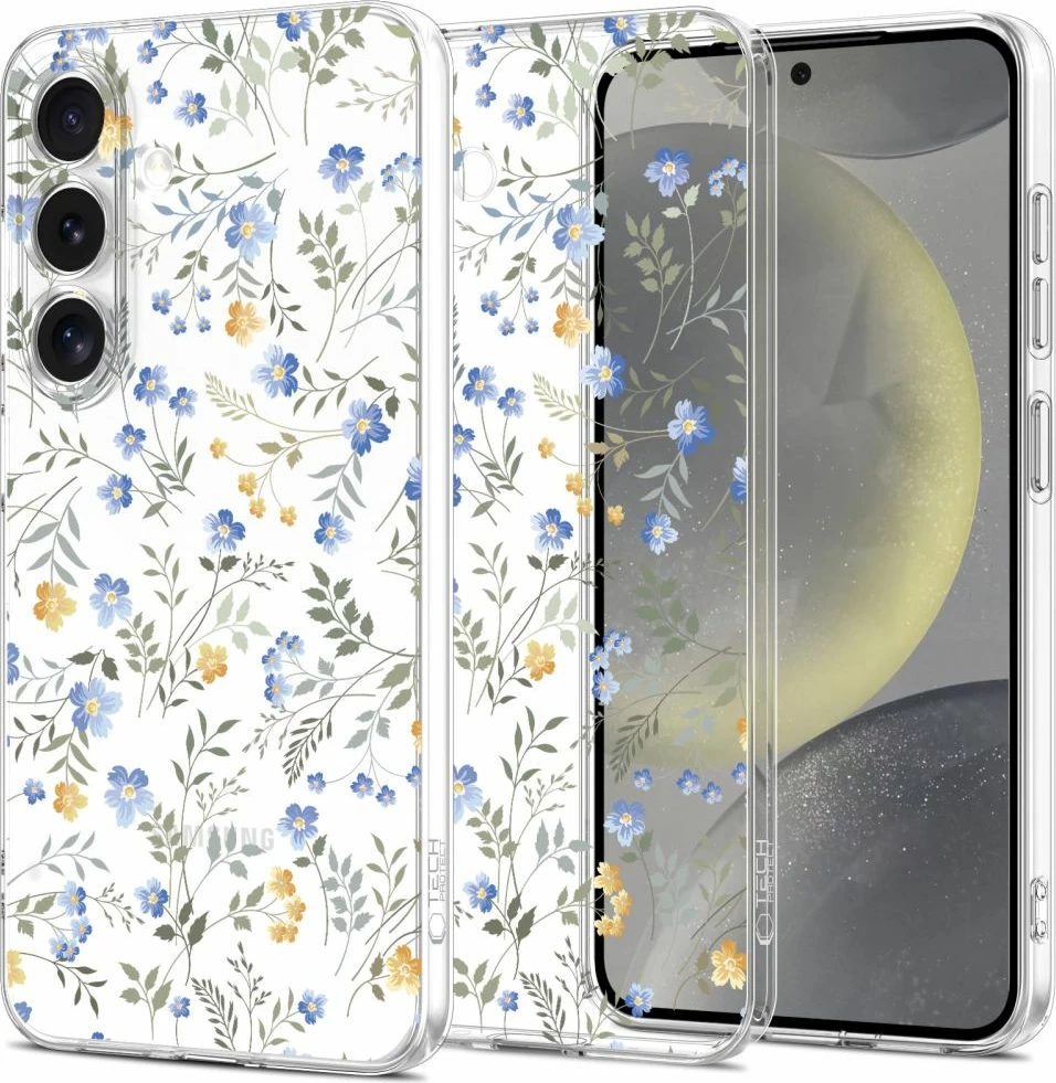 Prozoren zaščitni ovitek Tech-Protect FlexAir za Samsung Galaxy S25, Daisies with Leaves, bel/prozoren