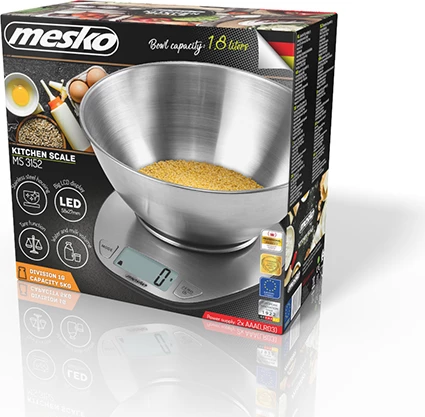 Kuhinjska tehtnica Adler MS 3152, 5 kg, natančnost 1 g, posoda 2 L, nerjaveče jeklo, INOX