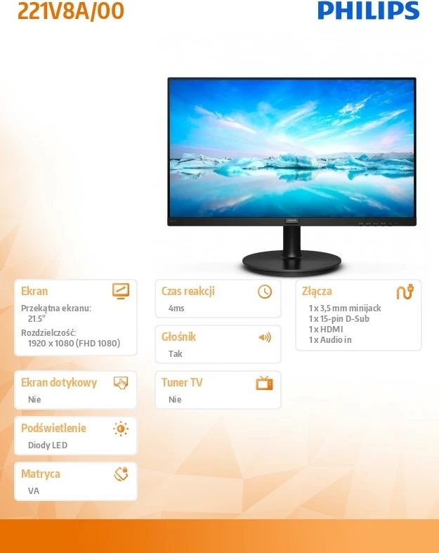 21,5" VA Full HD monitor, Philips 221V8A/00, HDMI, zvočniki, črn