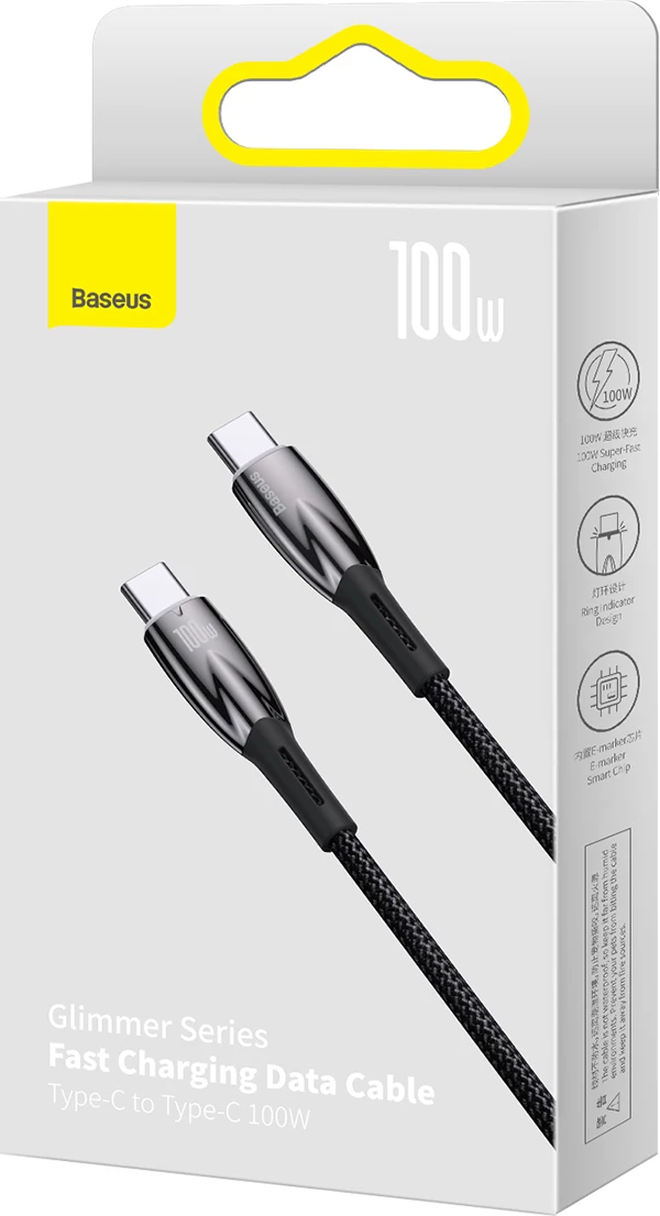 Hitri polnilni kabel Baseus Glimmer Series USB-C, 2 m, 100 W, 480 Mbps, črn