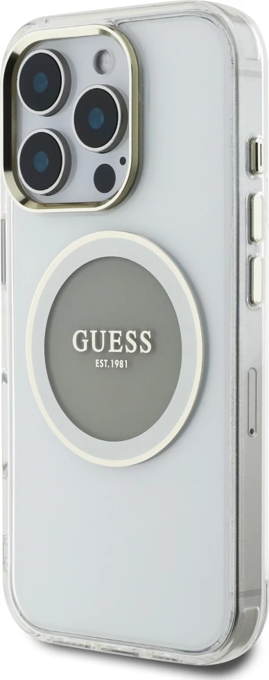 Ovitek za telefon Guess IML Metal Colored Circle Classic Logo MagSafe za iPhone 16 Pro, siv