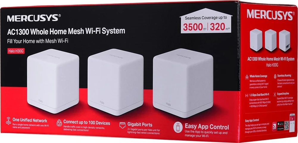 Sistem Mesh Mercusys Halo H30G (3-pack), razdelilec omrežja Sistem Mesh Mercusys Halo H30G (3-pack), razdelilec omrežja