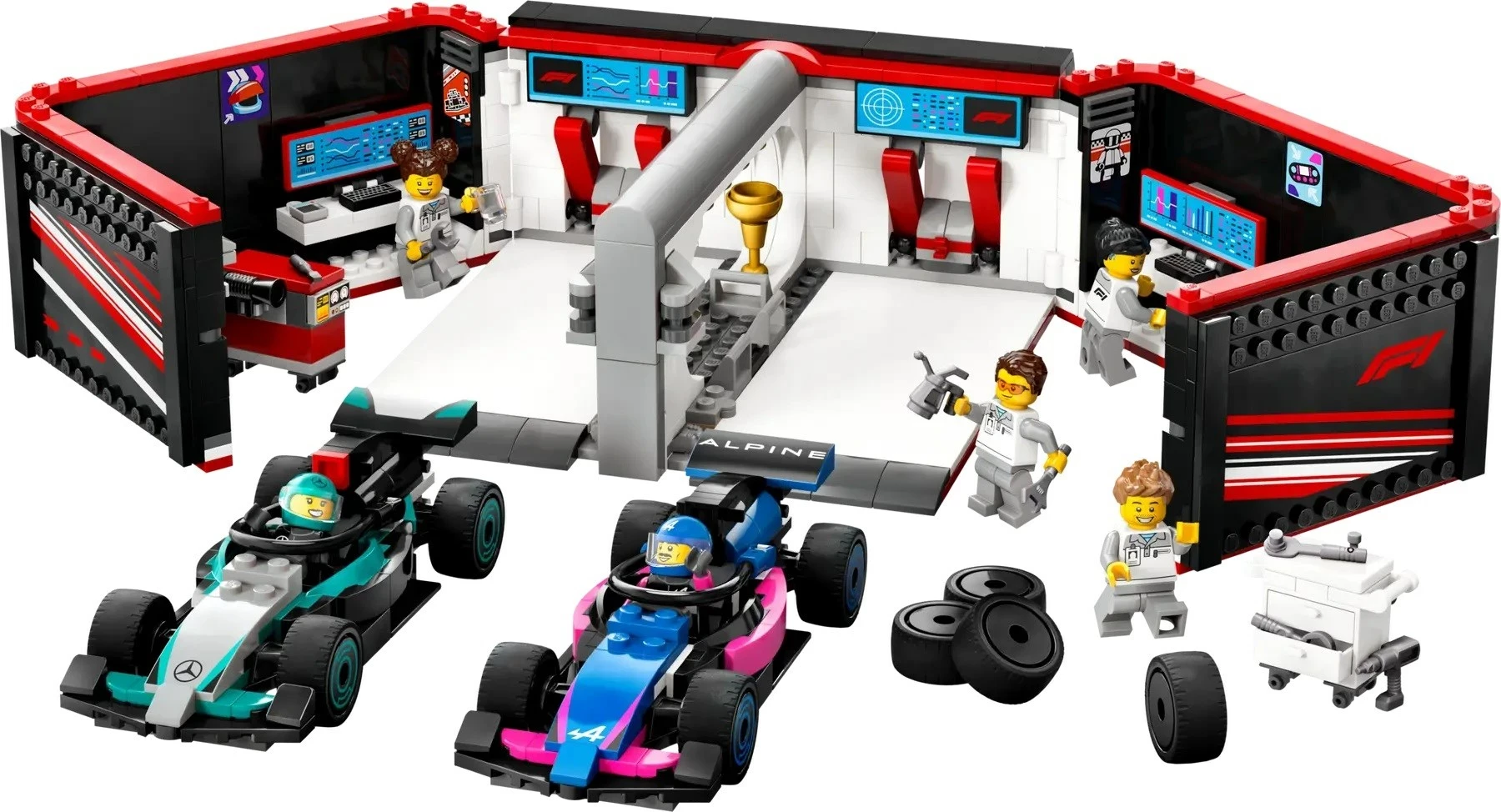 F1 garaža in dirkalna avtomobila Mercedes‑AMG in Alpine, LEGO City 60444