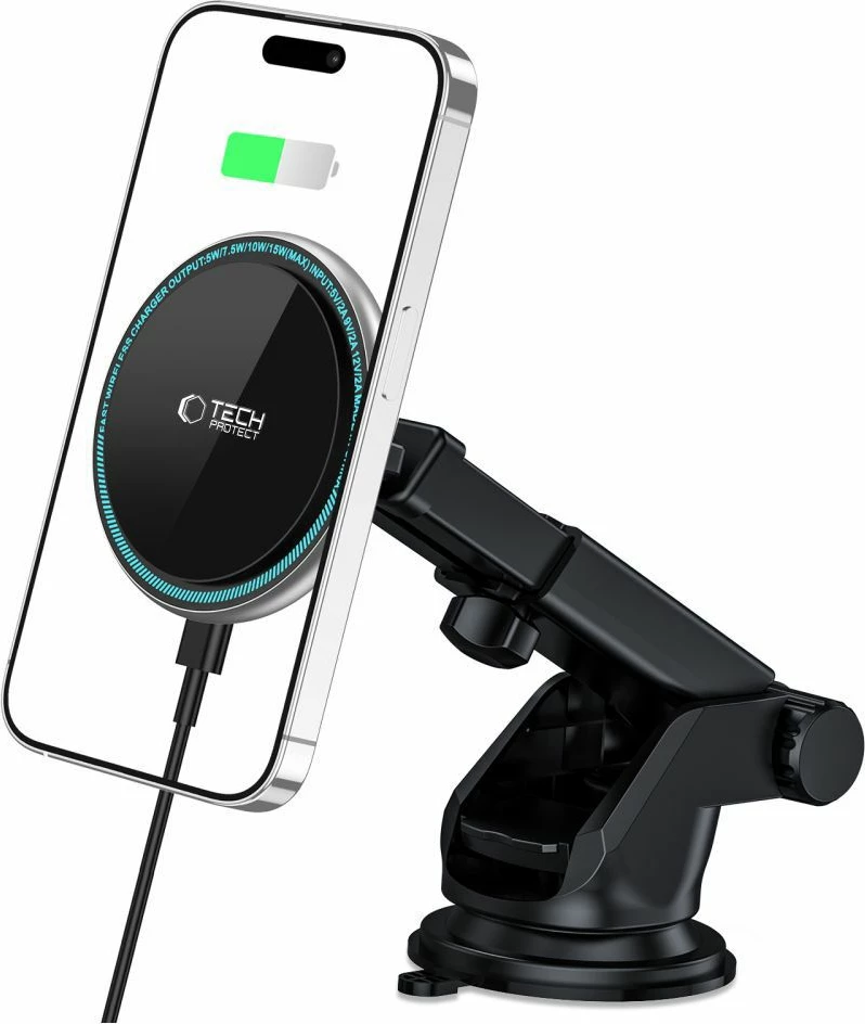 Magnetno držalo za pametni telefon s brezžičnim polnjenjem, 15 W, za armaturno ploščo, črno, Tech‑Protect A2